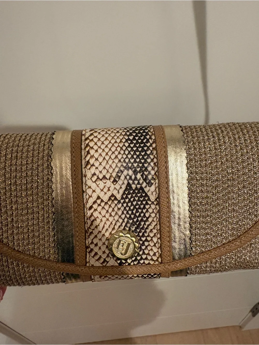 Eric Javits Tan Woven Crossbody with Snake-Print Accent and Gold Trim